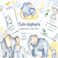 Watercolor cute elephants. Clipart and cards