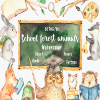 Watercolor school forest animals collection