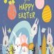 Cute cartoon bunny with Easter eggs and flowers. 