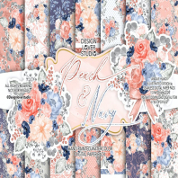  Watercolor Peach and Navy digital paper pack