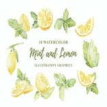 10 Watercolor Mint and Lemon Illustration Graphics