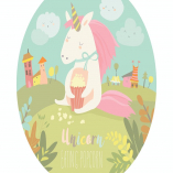 Little cute unicorn eating popcorn. Vector 