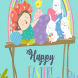 Cute girl with Easter rabbits and Easter eggs. 
