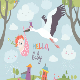 Stork is flying in the sky with baby 