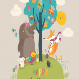 Cartoon animals celebrating Birthday in the forest