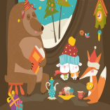 Cute animals celebrating Christmas in den. Vector 