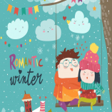 Cute winter cartoon couple swinging. Vector