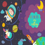 Girl astronaut with her unicorn. Vector 