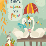 Cute romantic swans in autumn park. Vector 