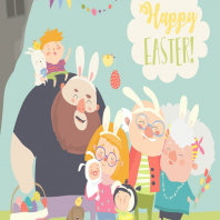 Cute family celebrating Easter. Vector greeting 