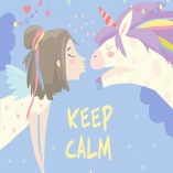 Little girl kissing magic unicorn. Love concept. 