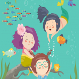 Cute cartoon mermaids with beautiful underwater 