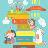 Fairytale concept with book,unicorn and children. 