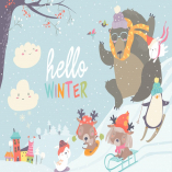 Vector illustration, cute animals playing winter 