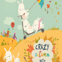 Cute crazy rabbits playing in autumn fall season. 