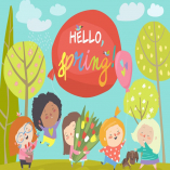 Cute little girls meeting spring in park. Vector 