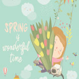 Girl sitting on swing with spring flowers. Vector 