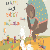 Cute animals riding a bicycles in autumn park. 