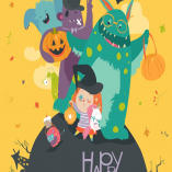 Cute girl with funny monsters. Halloween party. 