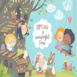 Cute cartoon children with animals in spring fores