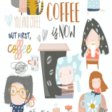 Cute young girls drinking coffee. Vector set