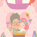 Cute couple in love flying on air ballon. Vector 