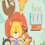 Little girl reading book with cartoon animal. Lion