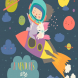 Girl astronaut with her unicorn riding a rocket. 
