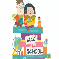 Boy and girl sitting onpiles of books. Back