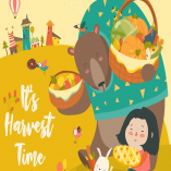 Funny bear with cute girl harvesting. Hello autumn