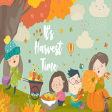 Happy children harvesting in autumn garden. Vector