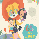 Funny lion hugging children. Hello adventures. Mag