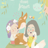 Funny cartoon girls with cute deer.Best friends. 