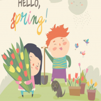 Cute cartoon boy and girl with spring flowers. Vec