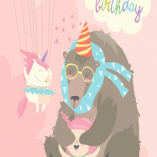 Little girl celebrating Birthday with bear. Vector