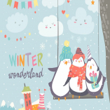 Happy penguins swinging in winter park. Vector 