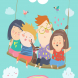 Happy kids flying on a swing. Vector illustration
