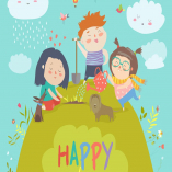 Happy children gardening on lawn. Vector 