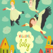 Storks is flying in the sky with babies 
