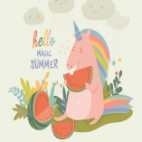 Cute unicorn with watermelon. Hello summer. Vector