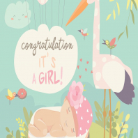Cute stork and baby in basket. Vector illustration