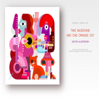 Two Musicians and One Orange Cat vector artwork