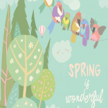 Cute colorful birds and spring landscape. Vector 