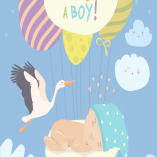 Stork and baby on blue sky. Vector illustration