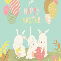 Funny easter bunnies with flowering branches. 