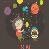 Cute girl with planets of the solar system. Vector