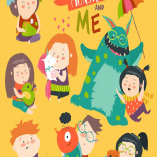 Happy kids with their monsters pet. Vector set