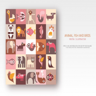 Animals, Fish and Birds set of vector icons