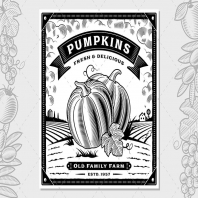 Retro Pumpkin Harvest Label With Landscape