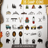 Camp Adventure Icons Set, Retro Travel Clipart